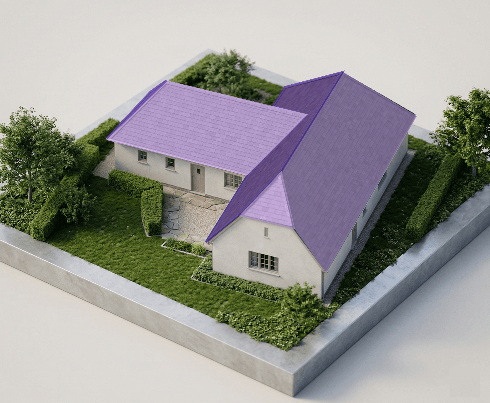 Aerial view of a roof with 3D AI-detected segments and obstructions highlighted in green and blue